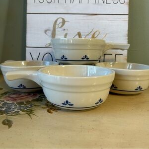 Vintage White & Blue Roseville Pottery Handled Crock Soup Bowls Set 4